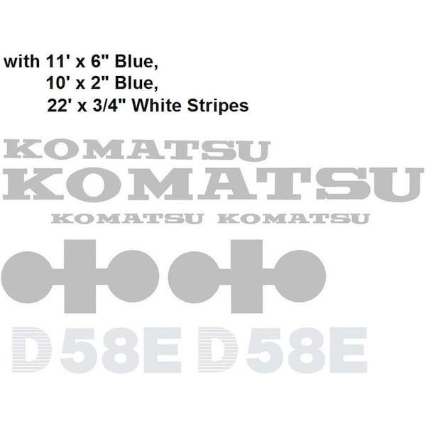 Aftermarket Komatsu D58E Decal Set w/ 22' x 3/4" White, 11' x 6" & 10' x 2" Blue Stripes KOMD58EWSDECALSET - main